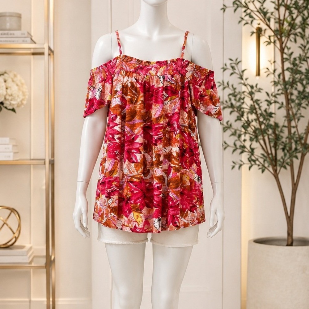Lascana for Venus Womens Cold Shoulder Top Floral Smocked Boho Pink Medium